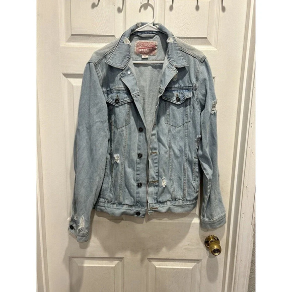 Trademark Brooklyn Cloth Denim Jean Jacket size Large Light Wash Distressed - Picture 1 of 11